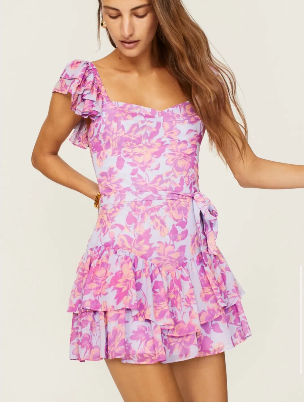 Amanda Uprichard Pink and Peach Floral Ruffle Mini Dress - Picture 2 of 5